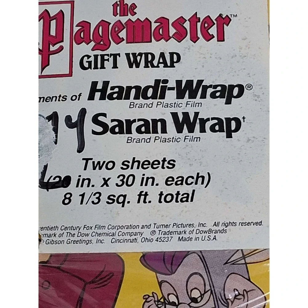 The Pagemaster Gift Wrap Saran Wrap Handi Wrap‎ Two Sheets Vintage 1994